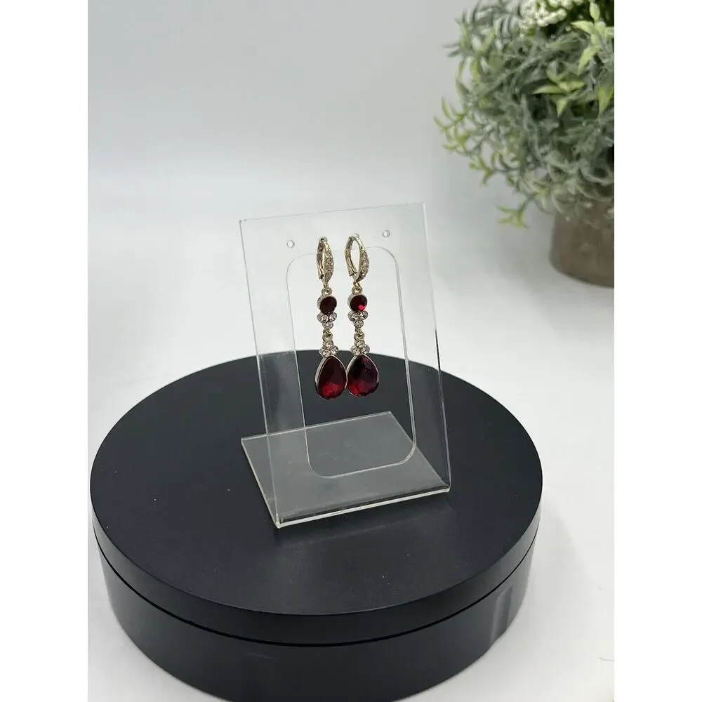 Givenchy Womens Gold‎ Tone Red Clear Crystal Dangle Drop Lever-back Earring New